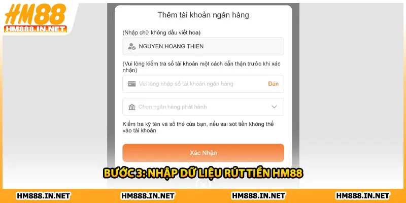 Bước 3: Nhập dữ liệu rút tiền HM88